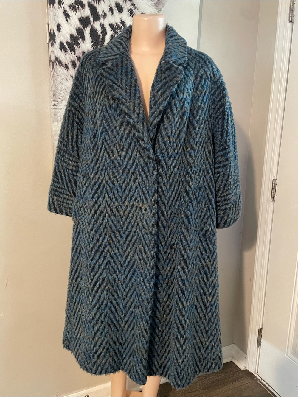 Vintage Townley Wool-Blend Herringbone weave Coat teal mid century tailor XL